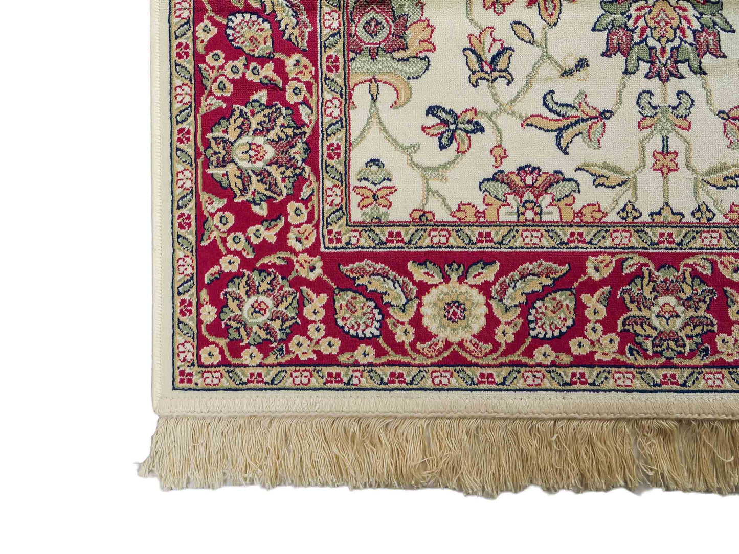 Belgischer, maschinell gefertigter Orientteppich aus Kunstseide, creme, weiß, rot. 152x79 cm. Verkauf durch Jupiter Intl.