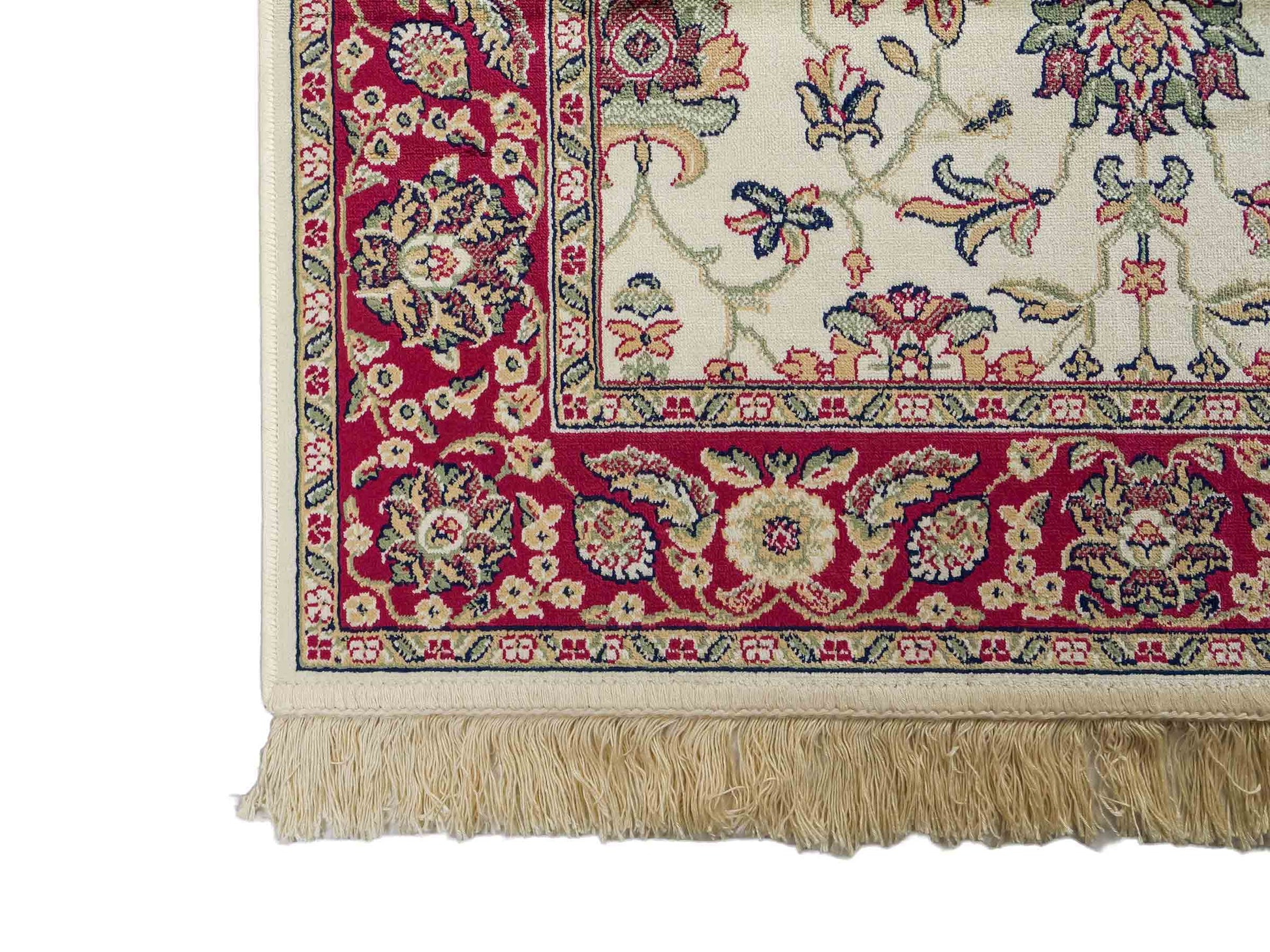 Belgischer, maschinell gefertigter Orientteppich aus Kunstseide, creme, weiß, rot. 152x79 cm. Verkauf durch Jupiter Intl.