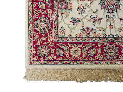 Belgischer, maschinell gefertigter Orientteppich aus Kunstseide, creme, weiß, rot. 152x79 cm. Verkauf durch Jupiter Intl.