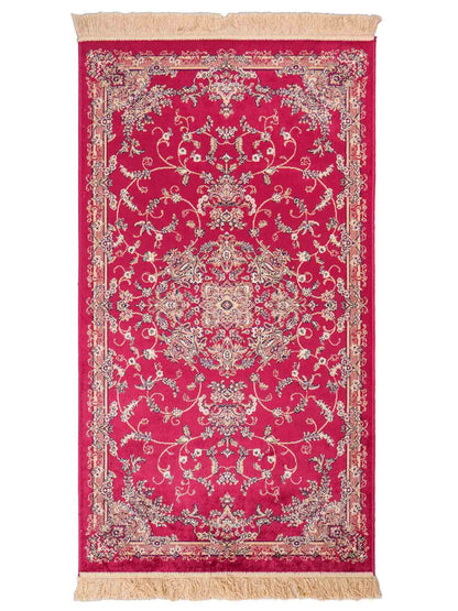 Belgischer, maschinell gefertigter Design Orientteppich aus Kunstseide, rot. 154x79 cm. Verkauf durch Jupiter Intl.