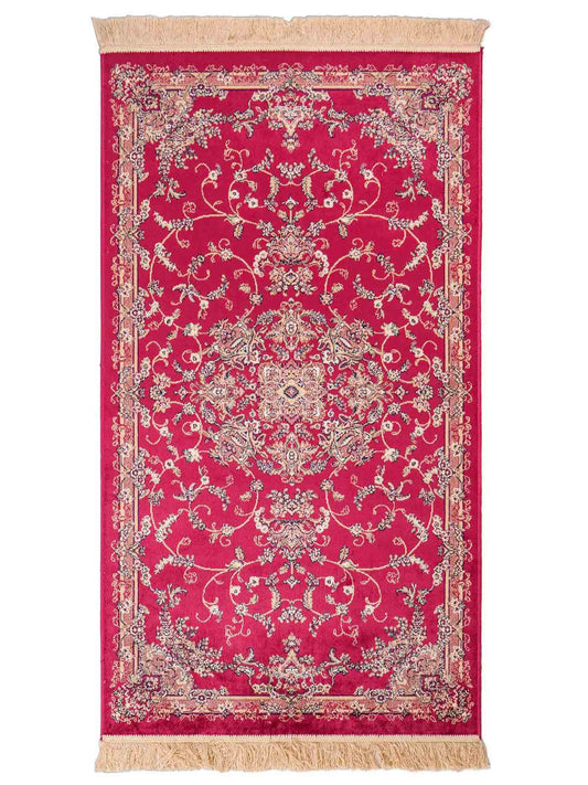 Belgischer, maschinell gefertigter Design Orientteppich aus Kunstseide, rot. 154x79 cm. Verkauf durch Jupiter Intl.