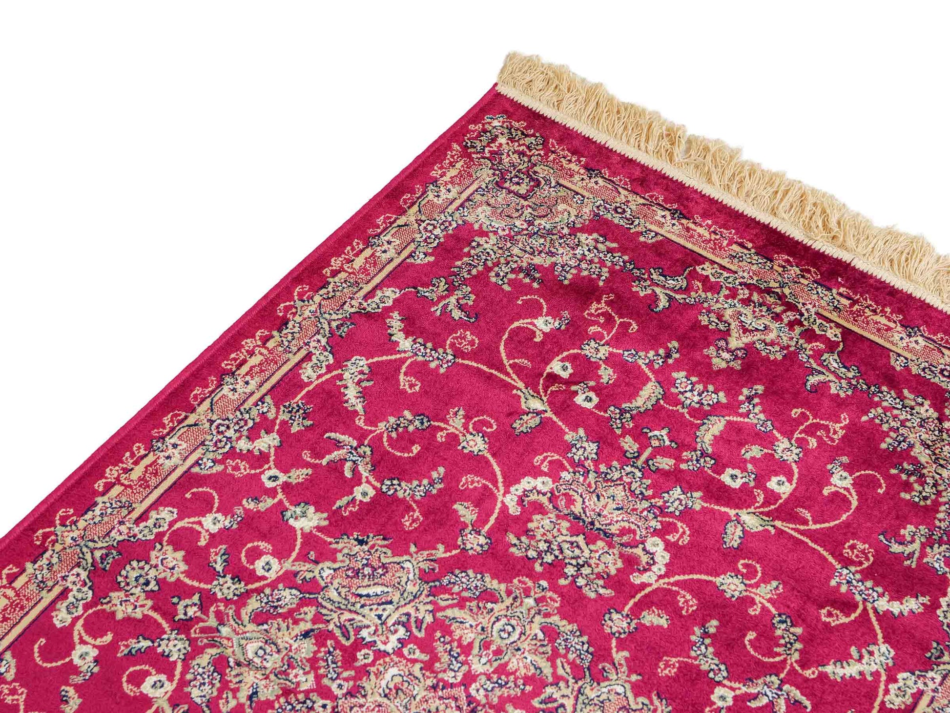 Belgischer, maschinell gefertigter Design Orientteppich aus Kunstseide, rot. 154x79 cm. Verkauf durch Jupiter Intl.