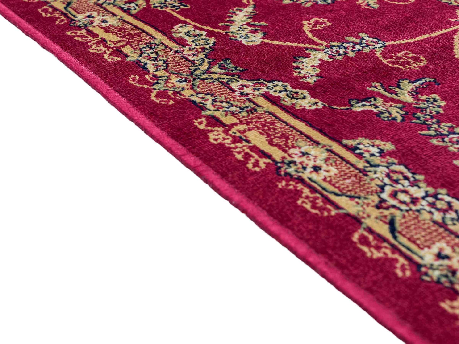 Belgischer, maschinell gefertigter Design Orientteppich aus Kunstseide, rot. 154x79 cm. Verkauf durch Jupiter Intl.