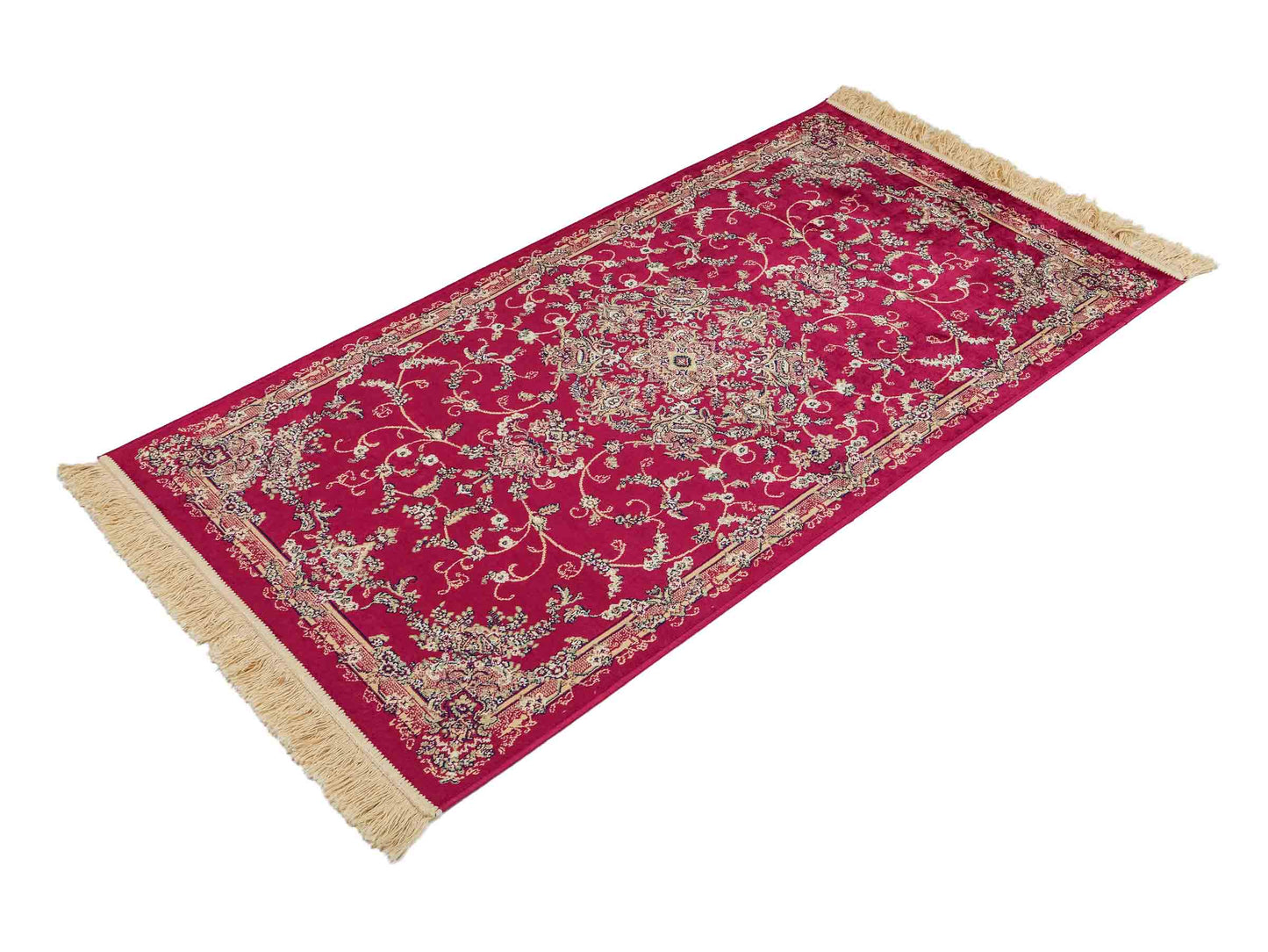 Belgischer, maschinell gefertigter Design Orientteppich aus Kunstseide, rot. 154x79 cm. Verkauf durch Jupiter Intl.