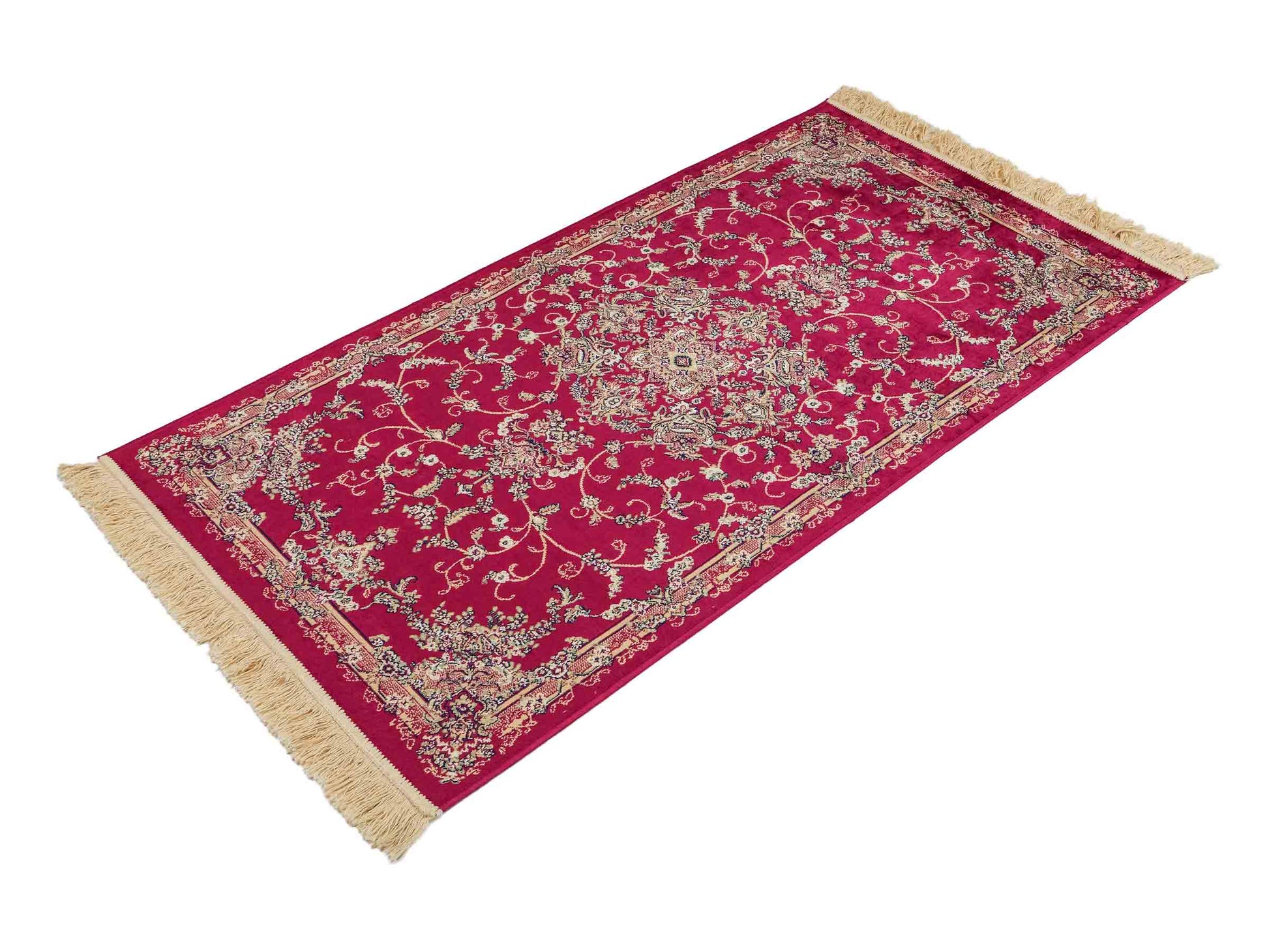 Belgischer, maschinell gefertigter Design Orientteppich aus Kunstseide, rot. 154x79 cm. Verkauf durch Jupiter Intl.