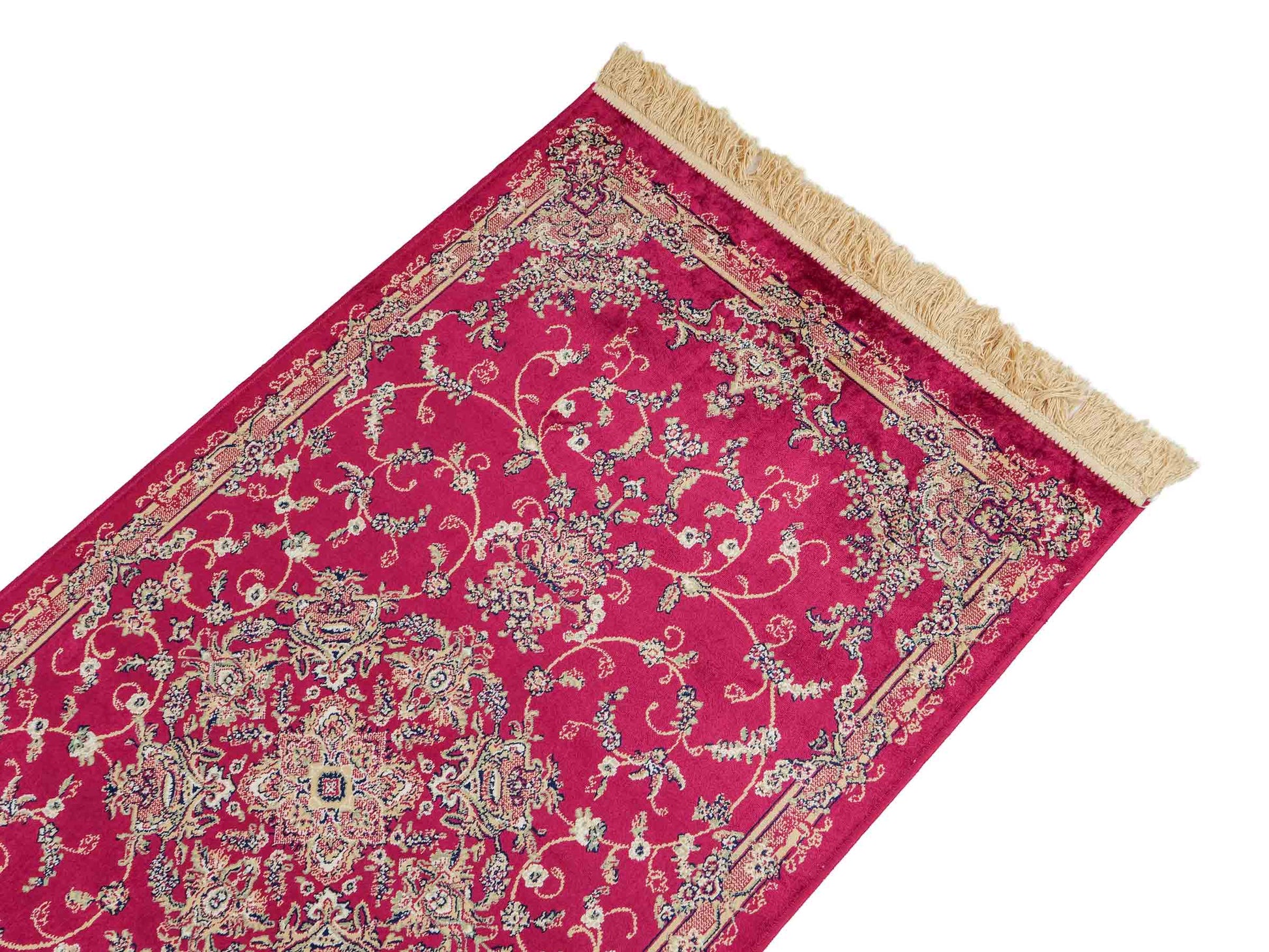Belgischer, maschinell gefertigter Design Orientteppich aus Kunstseide, rot. 154x79 cm. Verkauf durch Jupiter Intl.