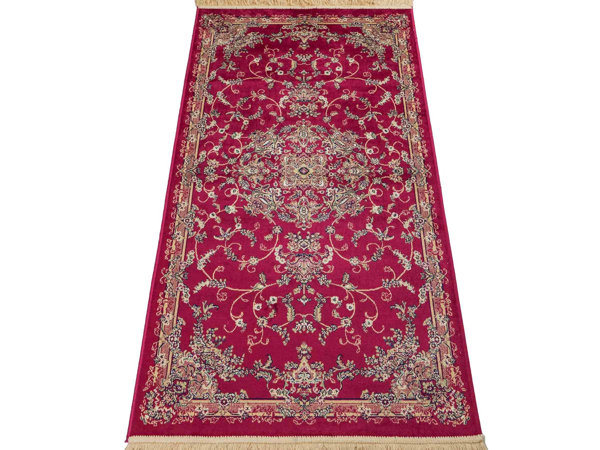 Belgischer, maschinell gefertigter Design Orientteppich aus Kunstseide, rot. 154x79 cm. Verkauf durch Jupiter Intl.