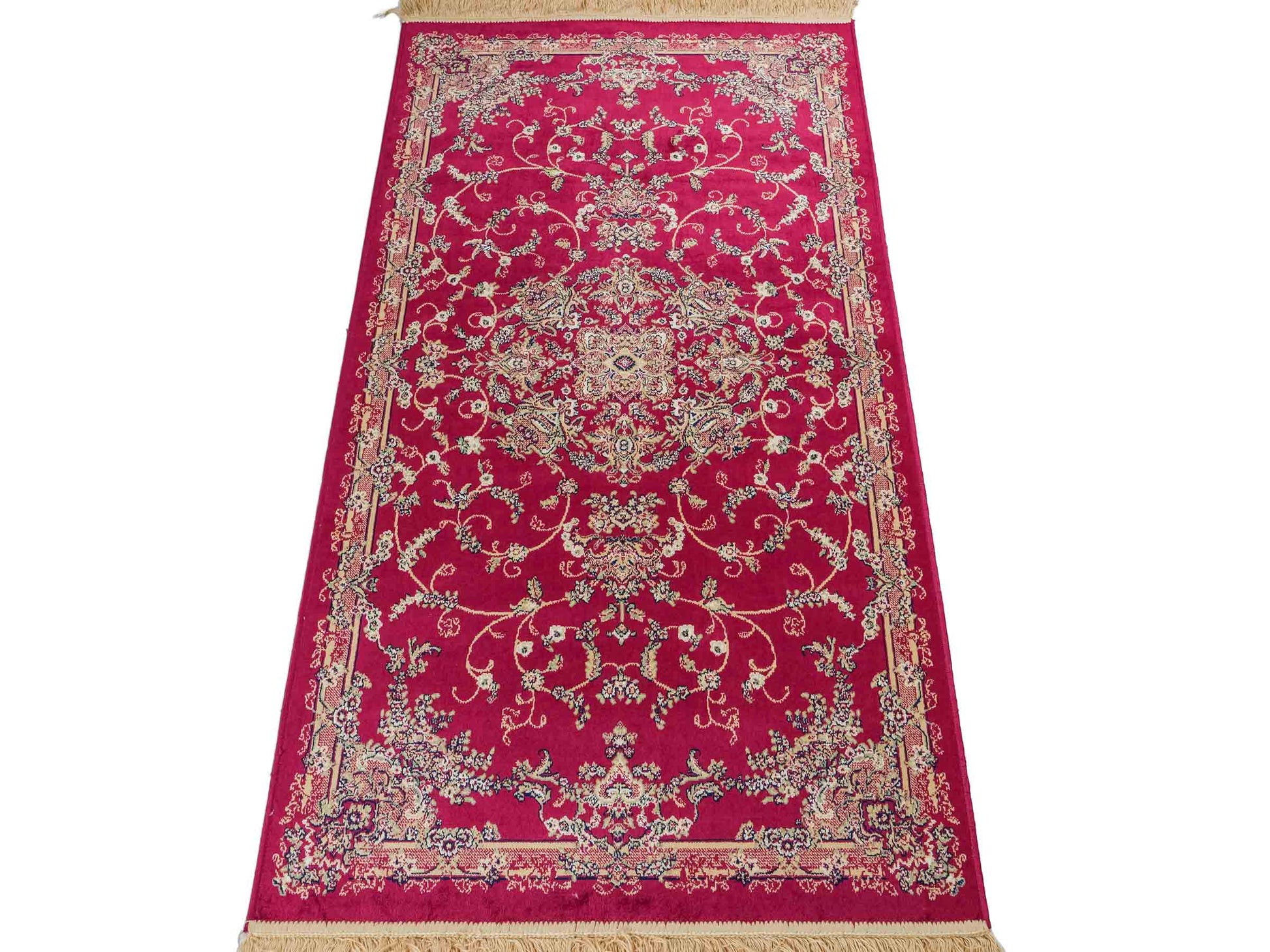 Belgischer, maschinell gefertigter Design Orientteppich aus Kunstseide, rot. 154x79 cm. Verkauf durch Jupiter Intl.