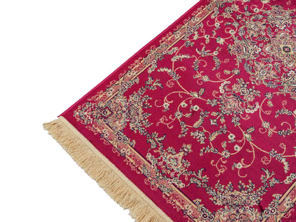 Belgischer, maschinell gefertigter Design Orientteppich aus Kunstseide, rot. 154x79 cm. Verkauf durch Jupiter Intl.