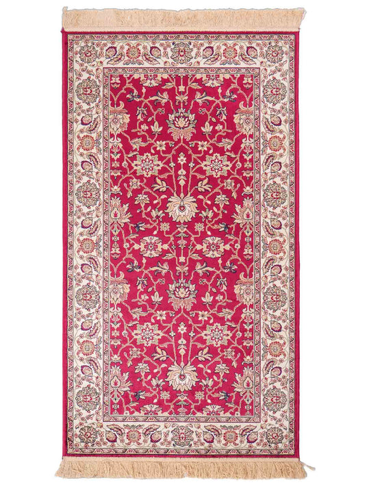 Belgischer, maschinell gefertigter Design Orientteppich aus Kunstseide, rot. 154x79 cm. Verkauf durch Jupiter Intl.