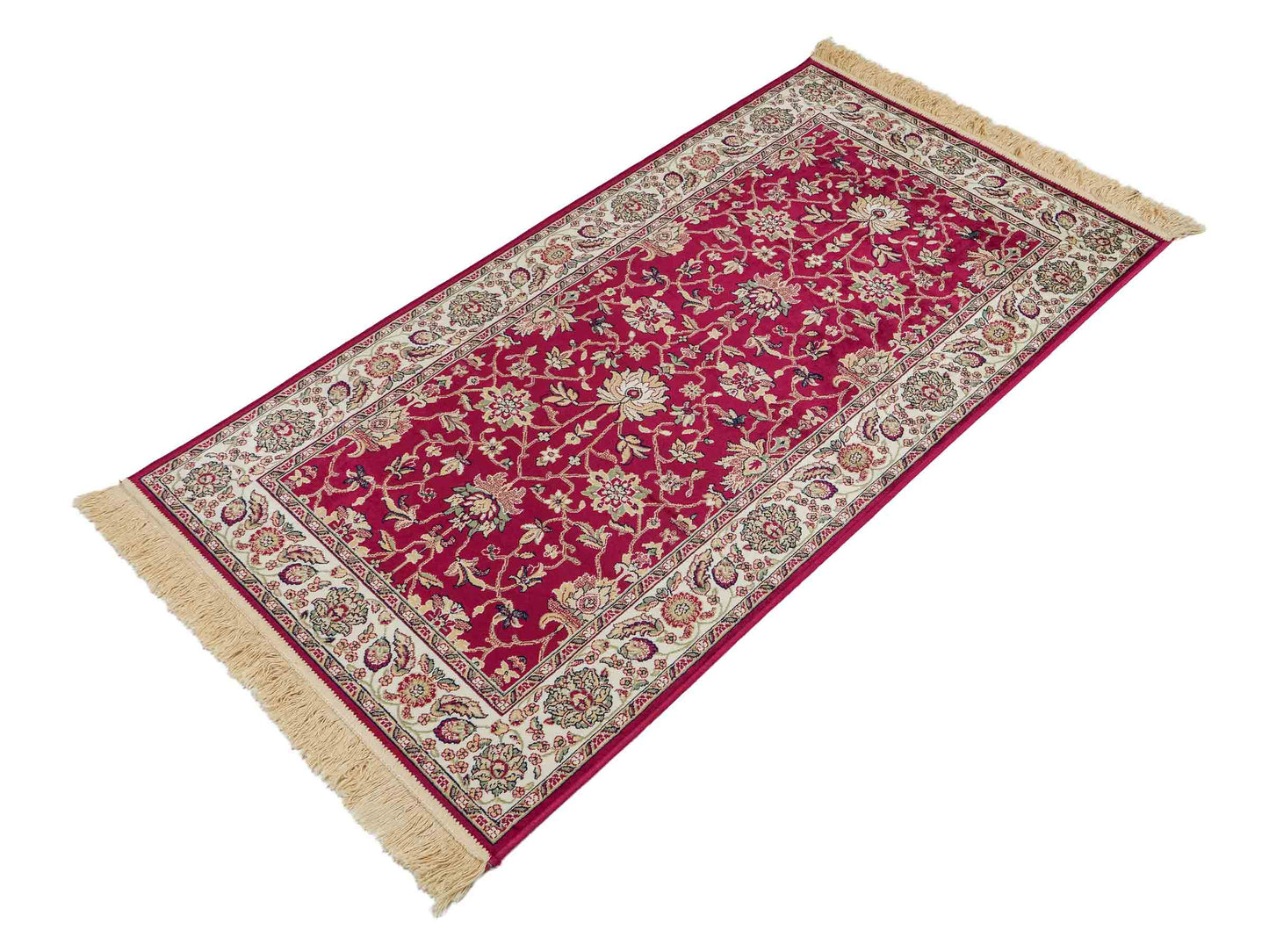 Belgischer, maschinell gefertigter Design Orientteppich aus Kunstseide, rot. 154x79 cm. Verkauf durch Jupiter Intl.