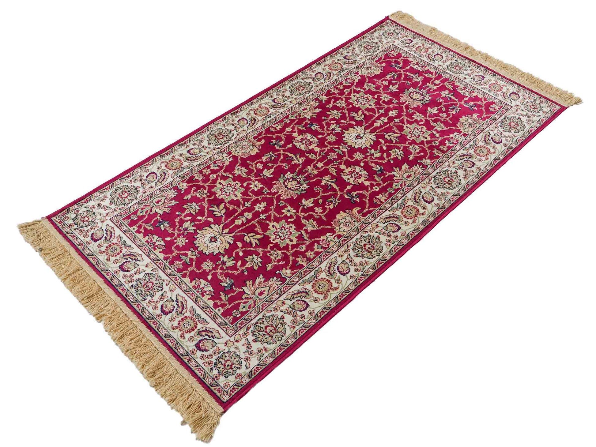 Belgischer, maschinell gefertigter Design Orientteppich aus Kunstseide, rot. 154x79 cm. Verkauf durch Jupiter Intl.