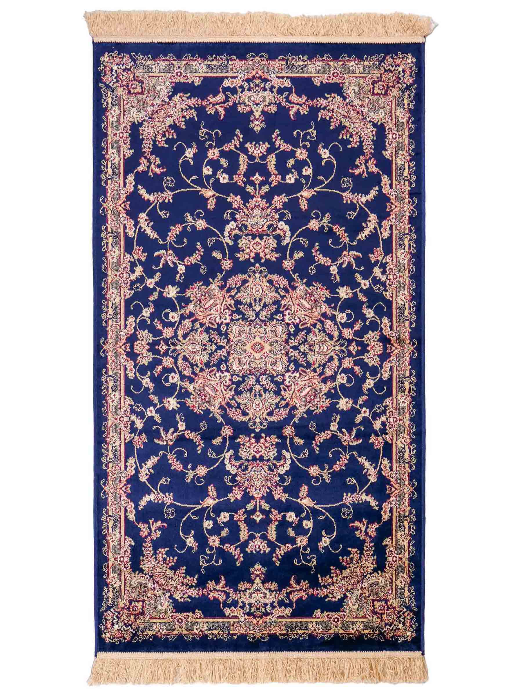 Belgischer, maschinell gefertigter Orientteppich aus Kunstseide, blau. 154x79 cm. Verkauf durch Jupiter Intl.