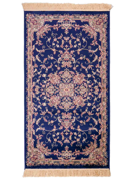 Belgischer, maschinell gefertigter Orientteppich aus Kunstseide, blau. 154x79 cm. Verkauf durch Jupiter Intl.