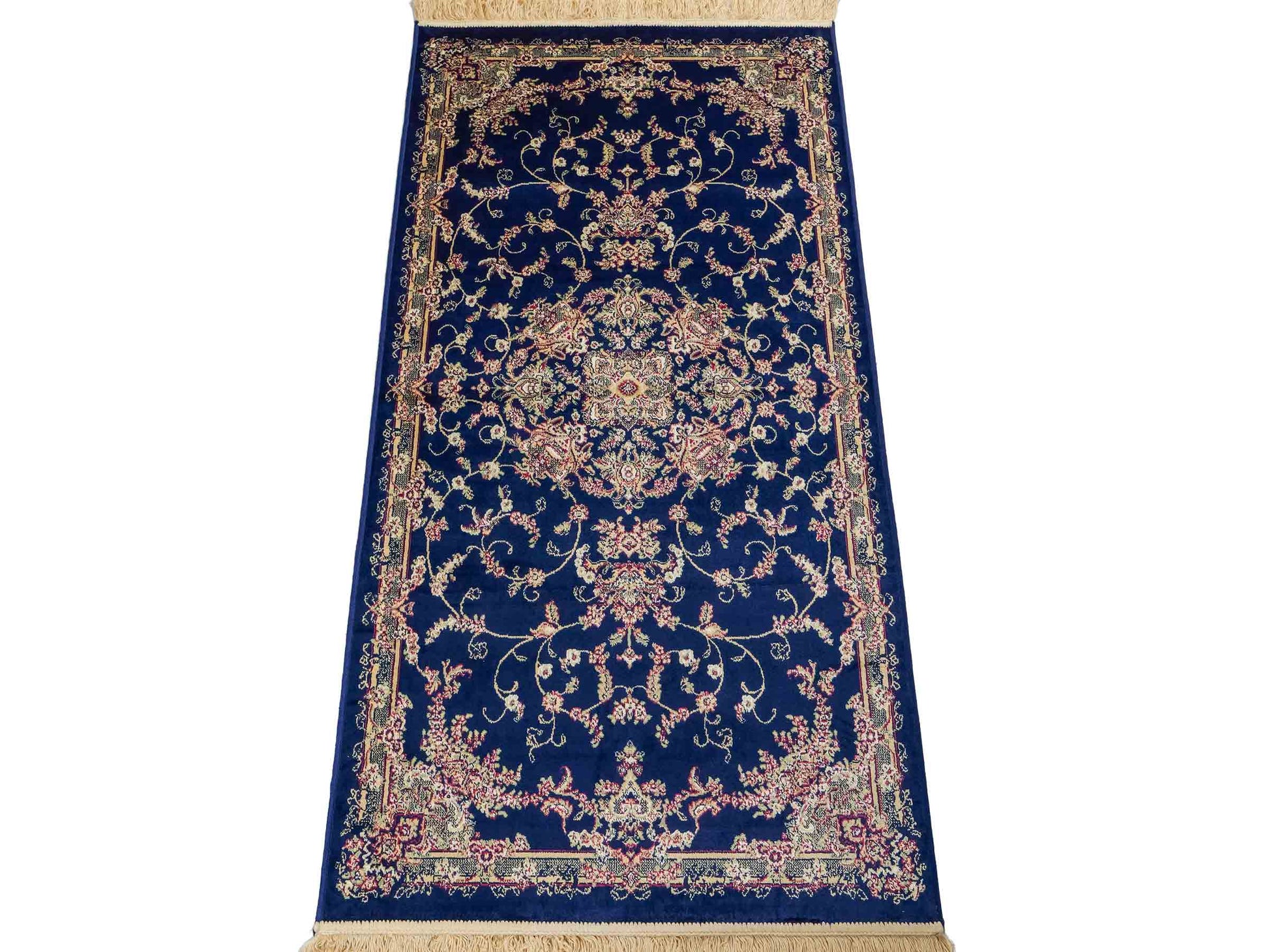 Belgischer, maschinell gefertigter Orientteppich aus Kunstseide, blau. 154x79 cm. Verkauf durch Jupiter Intl.