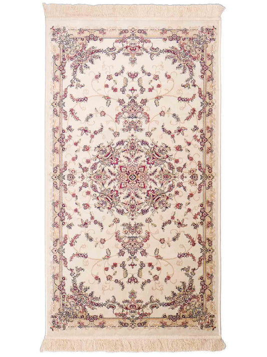 Belgischer, maschinell gefertigter Orientteppich aus Kunstseide, weiß, creme. 155x79 cm. Verkauf durch Jupiter Intl.