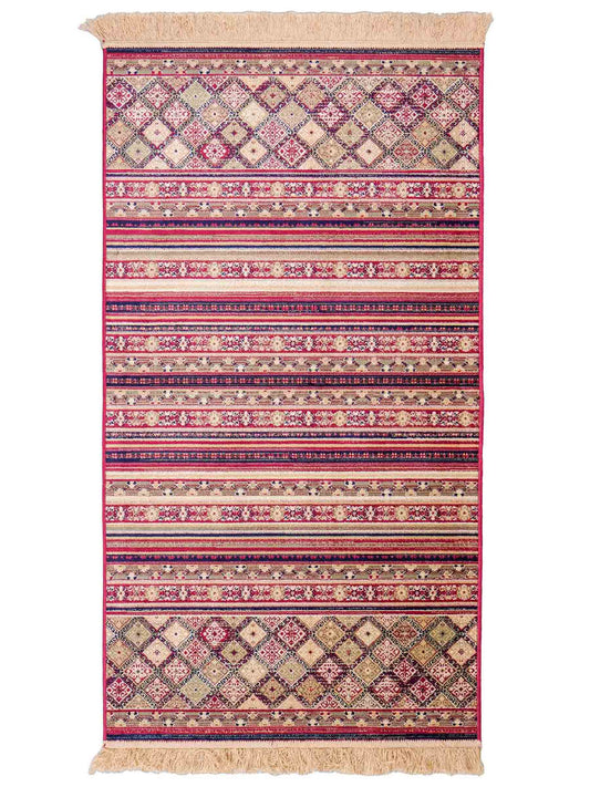 Belgischer, maschinell gefertigter Design Orientteppich aus Kunstseide, rot, multicolor. 155x79 cm. Verkauf durch Jupiter Intl.