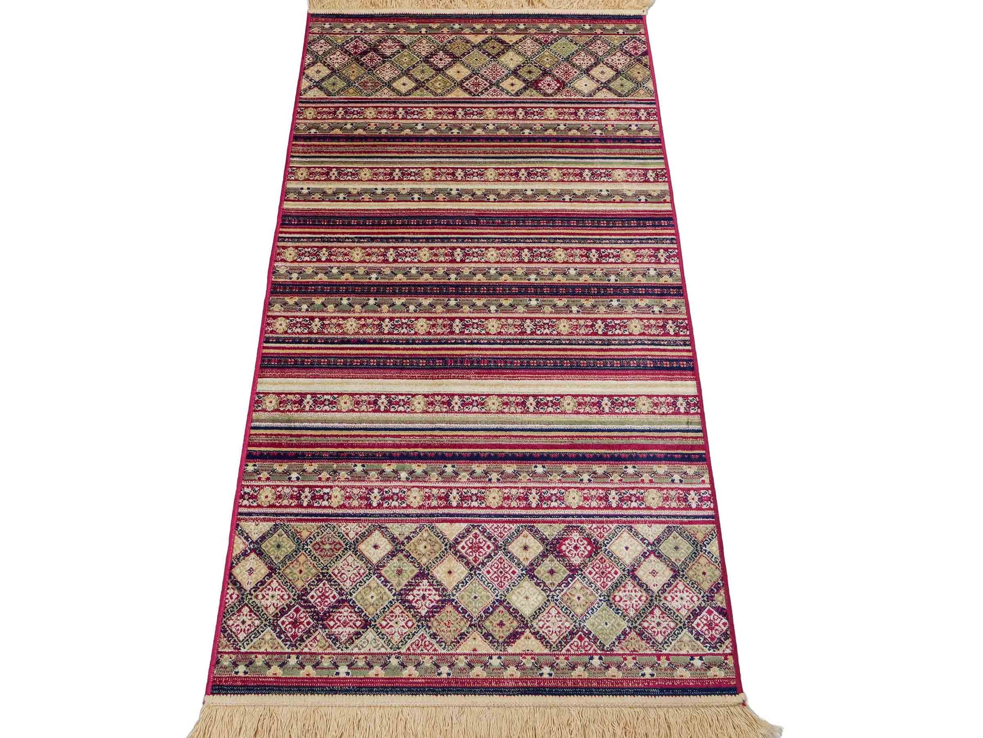 Belgischer, maschinell gefertigter Design Orientteppich aus Kunstseide, rot, multicolor. 155x79 cm. Verkauf durch Jupiter Intl.