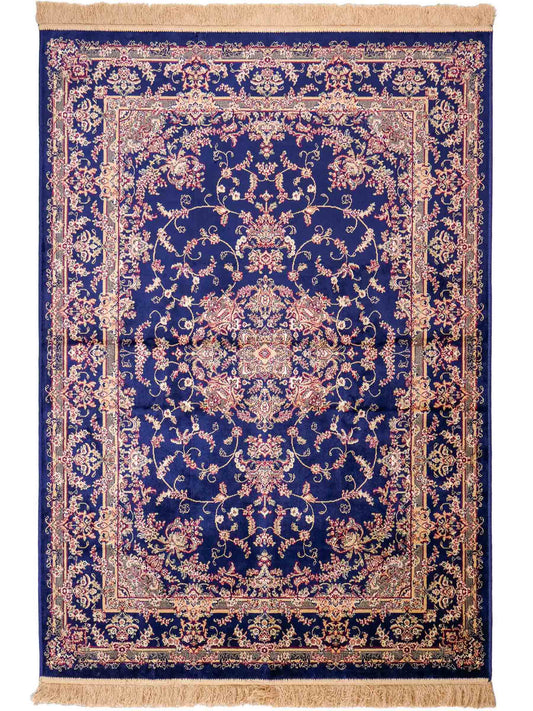 Belgischer, maschinell gefertigter Design Orientteppich aus Kunstseide, blau. 172x118 cm. Verkauf durch Jupiter Intl.