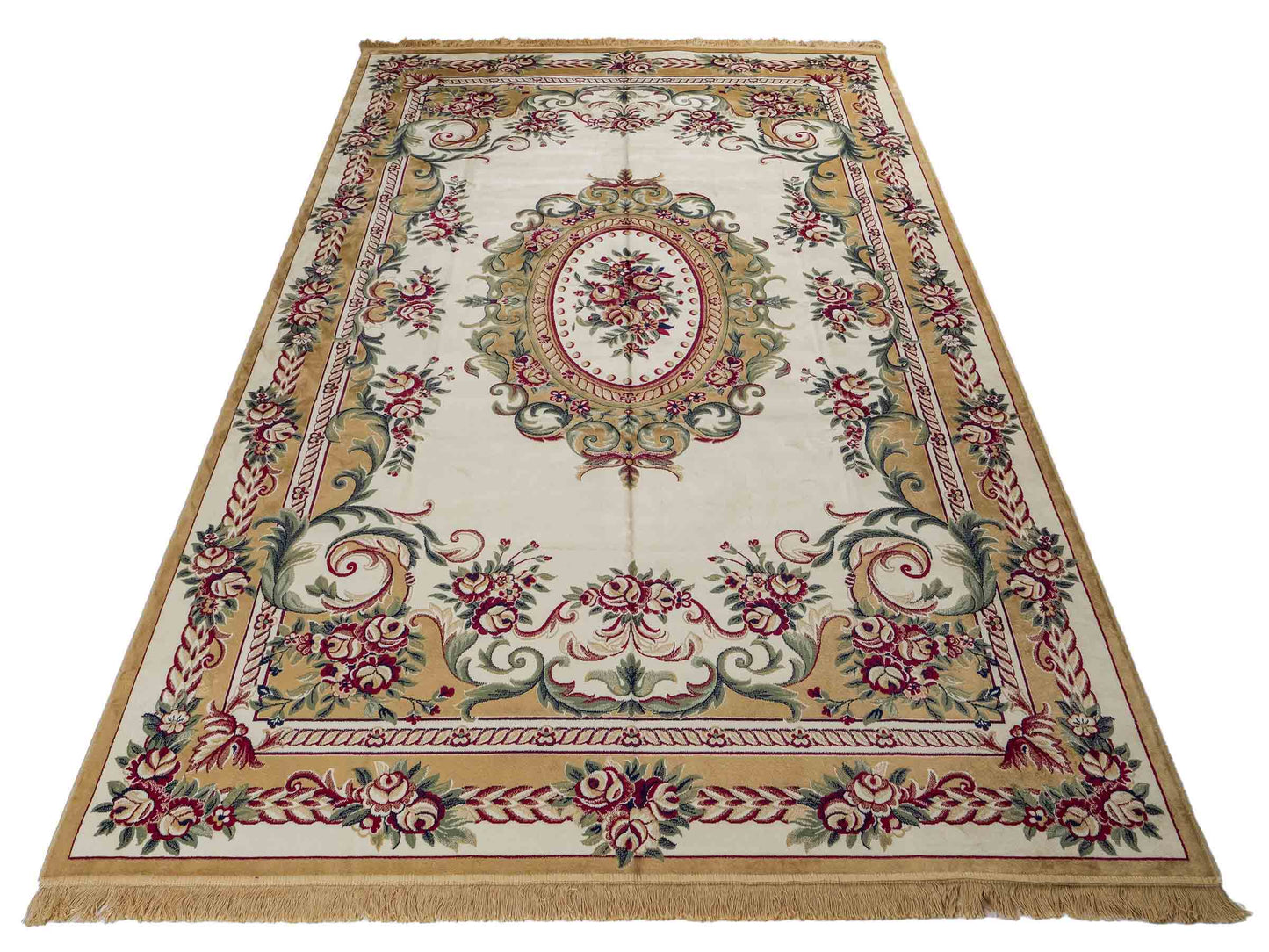 Belgischer, maschinell gefertigter Design Orientteppich aus Kunstseide, creme, weiß. 275x185 cm. Verkauf durch Jupiter Intl.