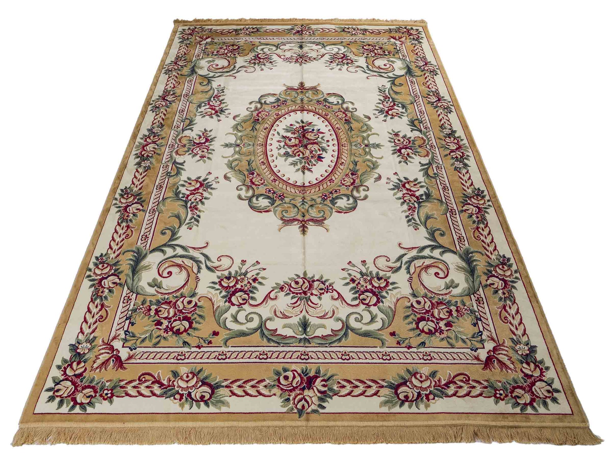 Belgischer, maschinell gefertigter Design Orientteppich aus Kunstseide, creme, weiß. 275x185 cm. Verkauf durch Jupiter Intl.
