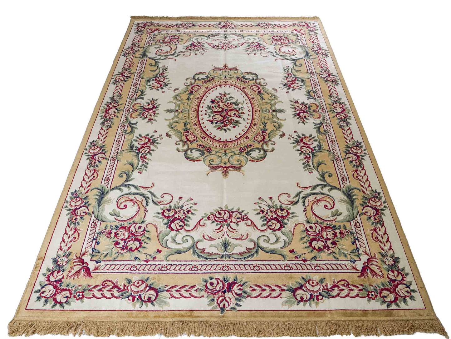 Belgischer, maschinell gefertigter Design Orientteppich aus Kunstseide, creme, weiß. 275x185 cm. Verkauf durch Jupiter Intl.