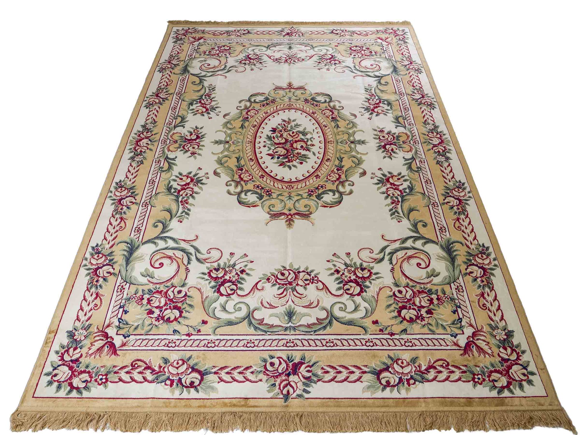 Belgischer, maschinell gefertigter Design Orientteppich aus Kunstseide, creme, weiß. 275x185 cm. Verkauf durch Jupiter Intl.