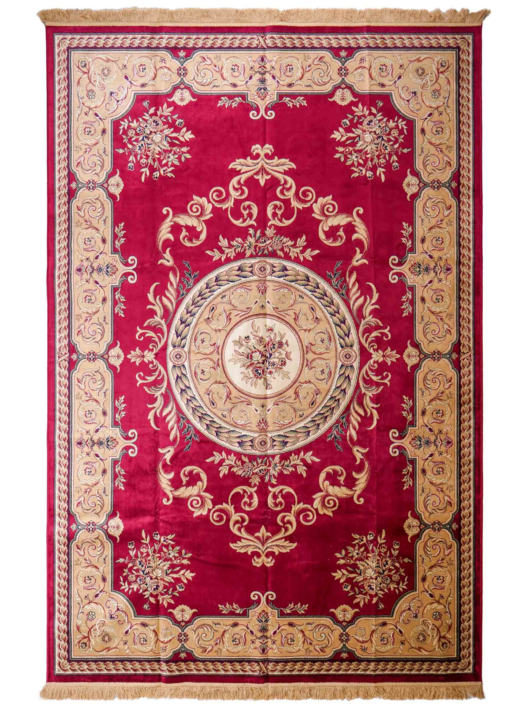 Belgischer, maschinell gefertigter Design Orientteppich aus Kunstseide, rot. 275x185 cm. Verkauf durch Jupiter Intl.