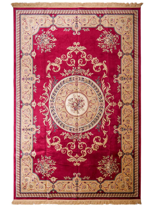 Belgischer, maschinell gefertigter Design Orientteppich aus Kunstseide, rot. 275x185 cm. Verkauf durch Jupiter Intl.