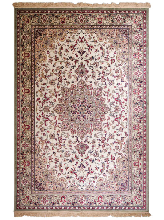 Belgischer, maschinell gefertigter Design Orientteppich aus Kunstseide, grün, creme. 275x185 cm. Verkauf durch Jupiter Intl.