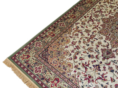 Belgischer, maschinell gefertigter Design Orientteppich aus Kunstseide, grün, creme. 275x185 cm. Verkauf durch Jupiter Intl.