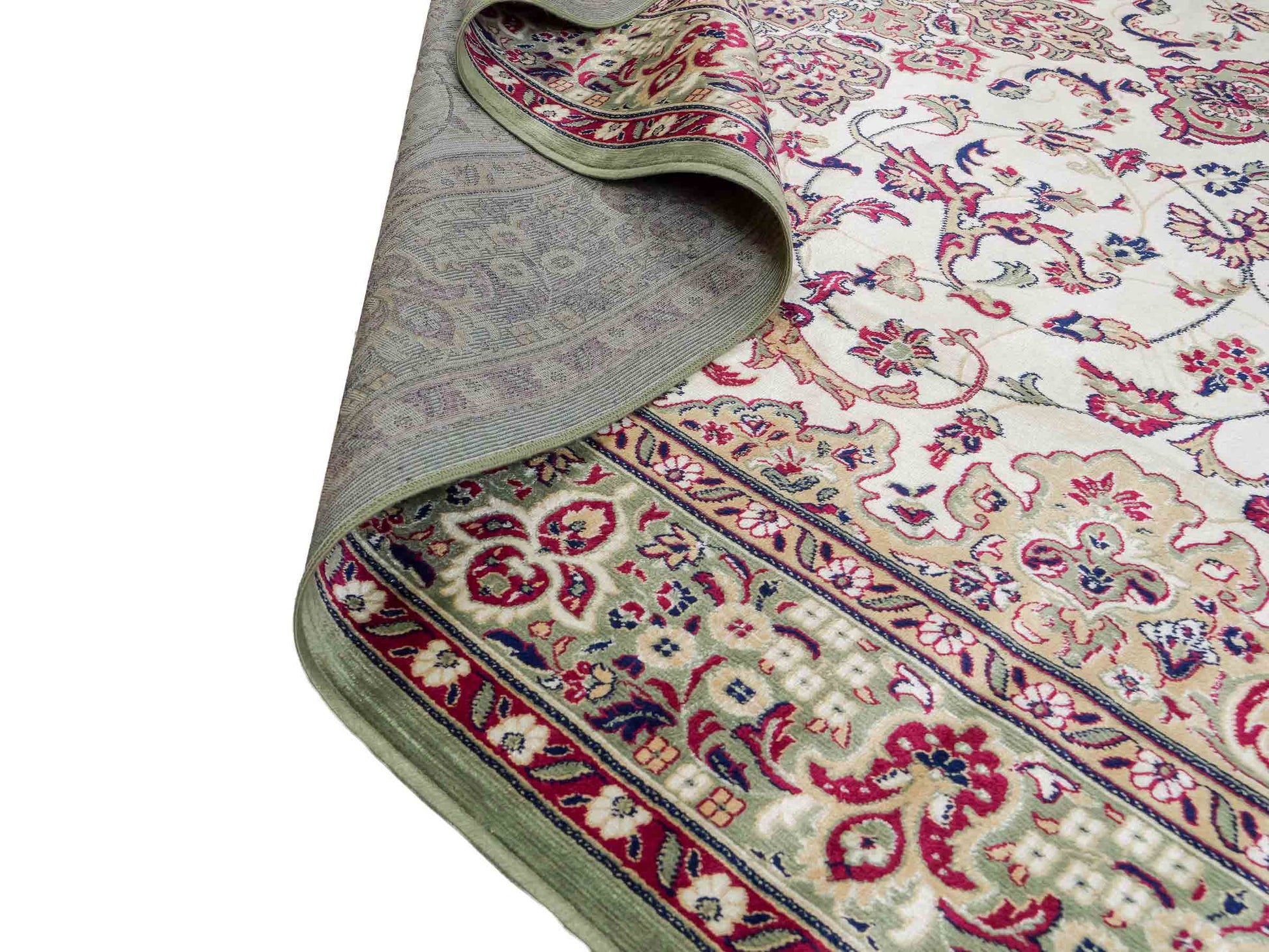 Belgischer, maschinell gefertigter Design Orientteppich aus Kunstseide, grün, creme. 275x185 cm. Verkauf durch Jupiter Intl.