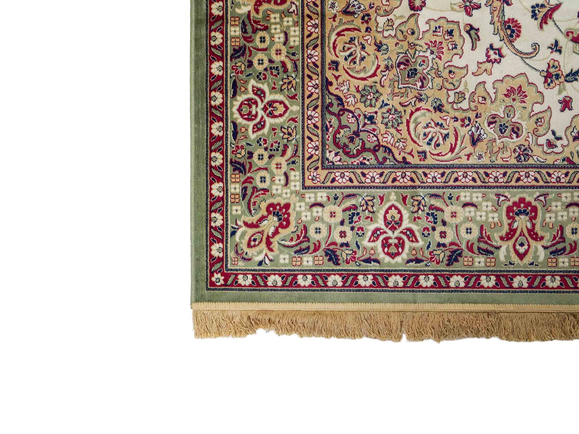 Belgischer, maschinell gefertigter Design Orientteppich aus Kunstseide, grün, creme. 275x185 cm. Verkauf durch Jupiter Intl.