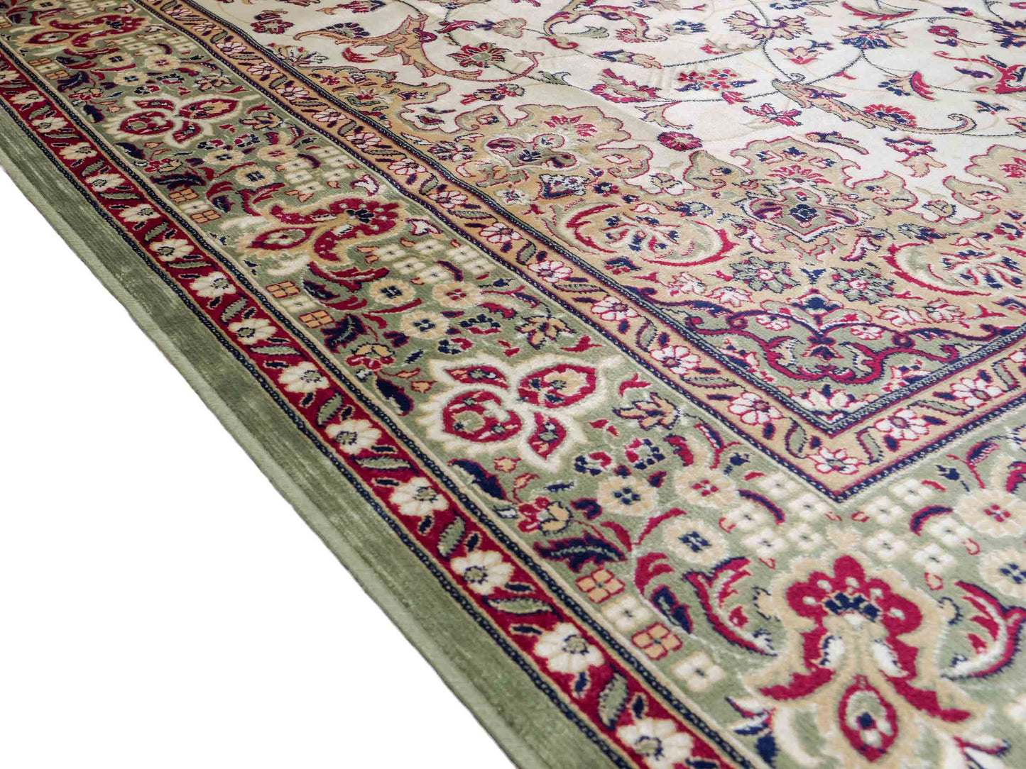 Belgischer, maschinell gefertigter Design Orientteppich aus Kunstseide, grün, creme. 275x185 cm. Verkauf durch Jupiter Intl.