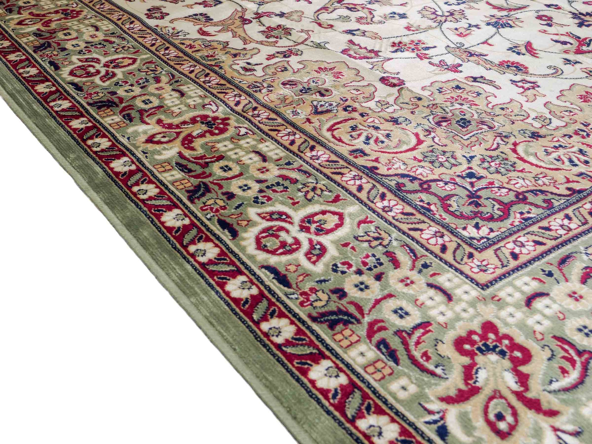 Belgischer, maschinell gefertigter Design Orientteppich aus Kunstseide, grün, creme. 275x185 cm. Verkauf durch Jupiter Intl.