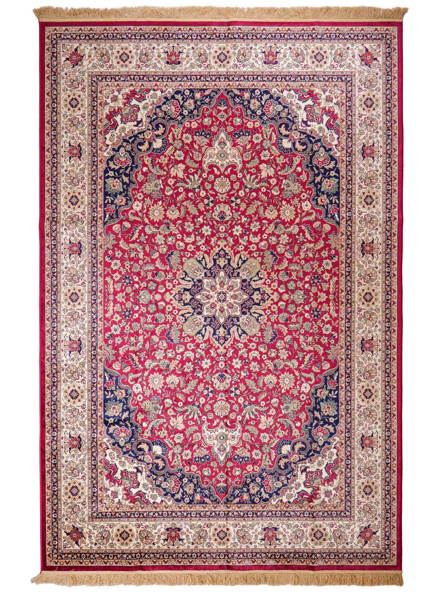 Belgischer, maschinell gefertigter Design Orientteppich aus Kunstseide, rot, creme, blau. 275x185 cm. Verkauf durch Jupiter Intl.