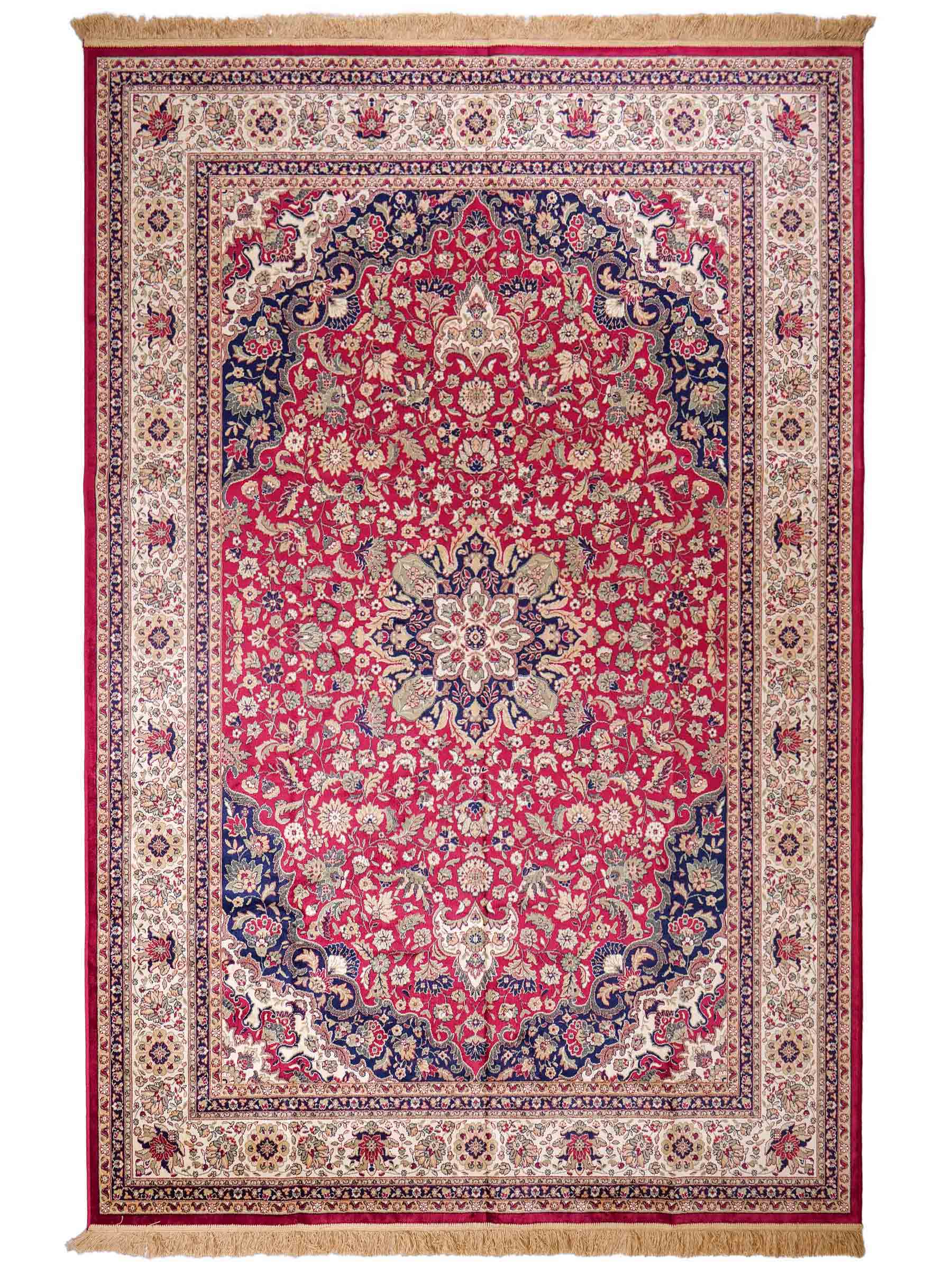Belgischer, maschinell gefertigter Design Orientteppich aus Kunstseide, rot, creme, blau. 275x185 cm. Verkauf durch Jupiter Intl.