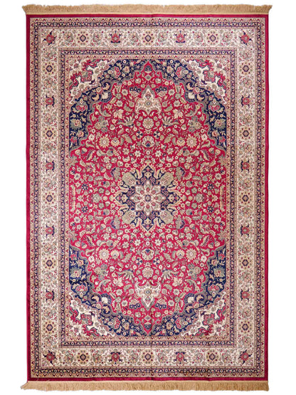 Belgischer, maschinell gefertigter Design Orientteppich aus Kunstseide, rot, creme, blau. 275x185 cm. Verkauf durch Jupiter Intl.