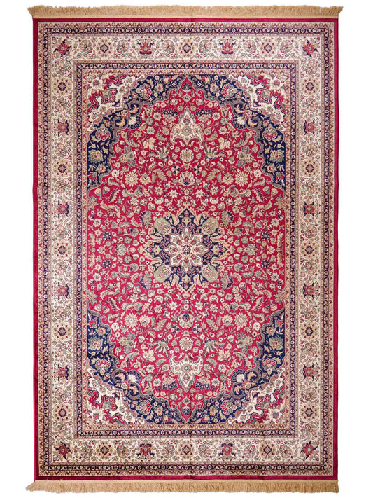 Belgischer, maschinell gefertigter Design Orientteppich aus Kunstseide, rot, creme, blau. 275x185 cm. Verkauf durch Jupiter Intl.