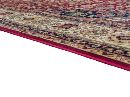 Belgischer, maschinell gefertigter Design Orientteppich aus Kunstseide, rot, creme, blau. 275x185 cm. Verkauf durch Jupiter Intl.