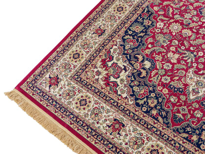 Belgischer, maschinell gefertigter Design Orientteppich aus Kunstseide, rot, creme, blau. 275x185 cm. Verkauf durch Jupiter Intl.