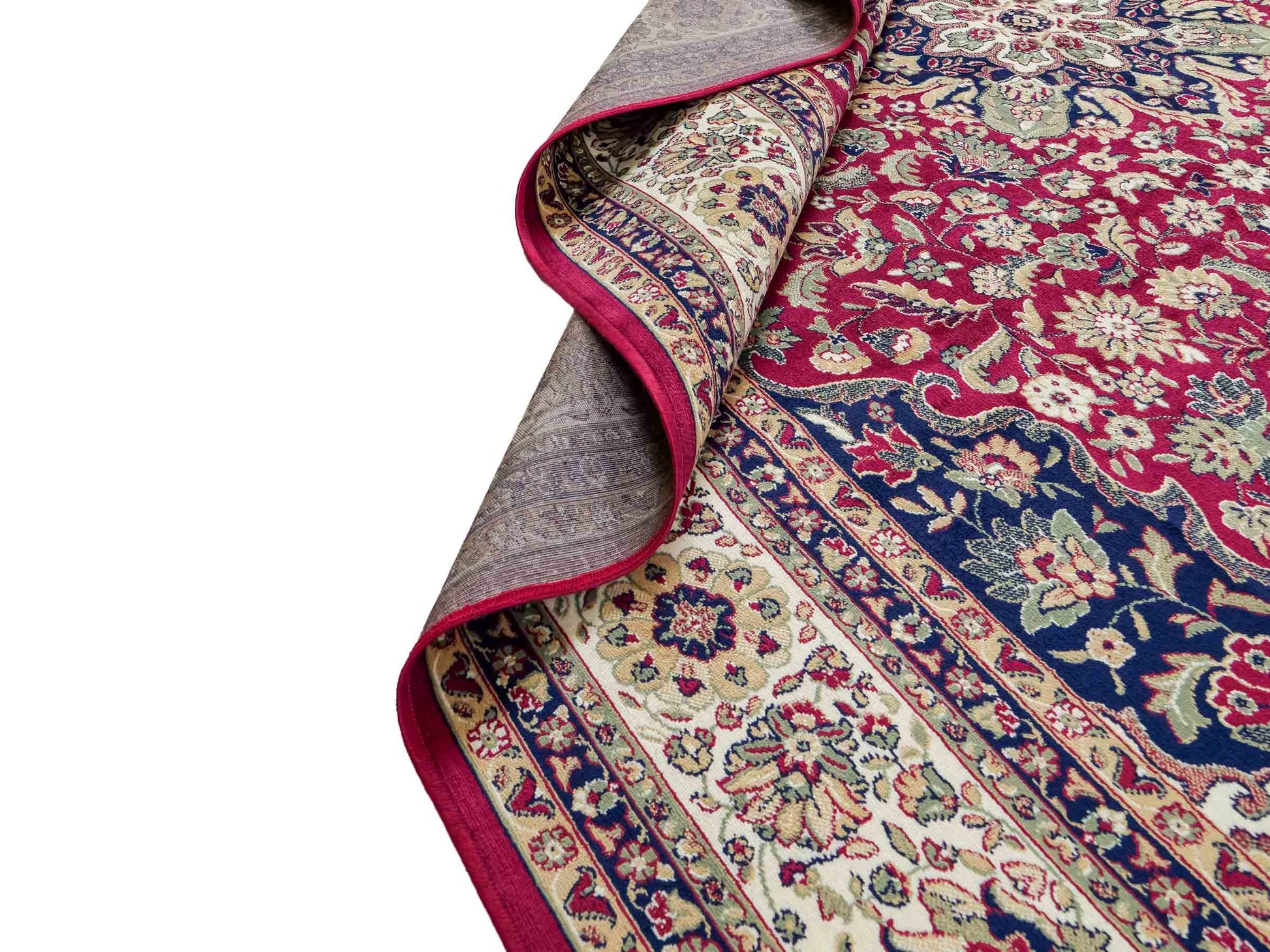 Belgischer, maschinell gefertigter Design Orientteppich aus Kunstseide, rot, creme, blau. 275x185 cm. Verkauf durch Jupiter Intl.