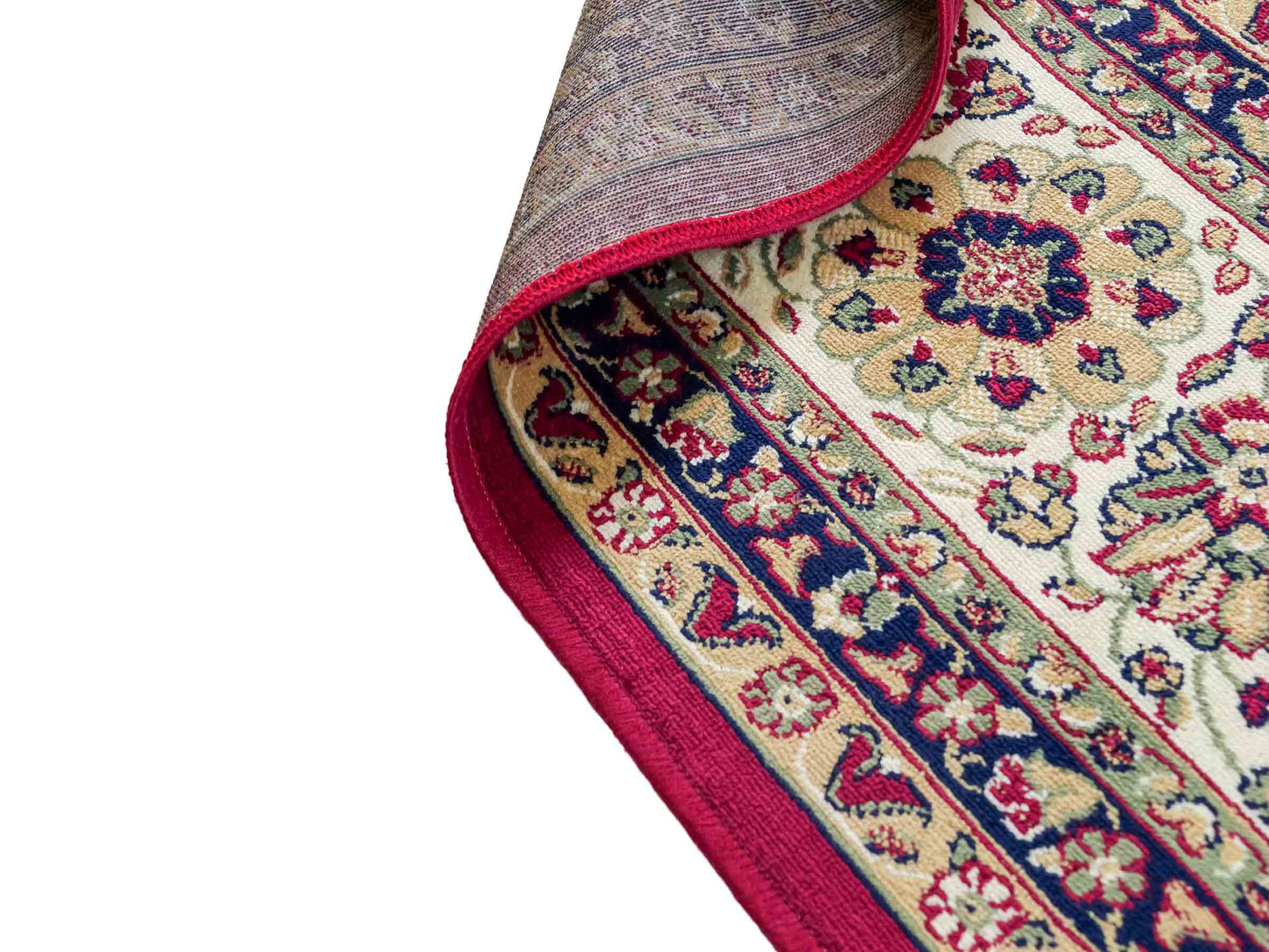 Belgischer, maschinell gefertigter Design Orientteppich aus Kunstseide, rot, creme, blau. 275x185 cm. Verkauf durch Jupiter Intl.