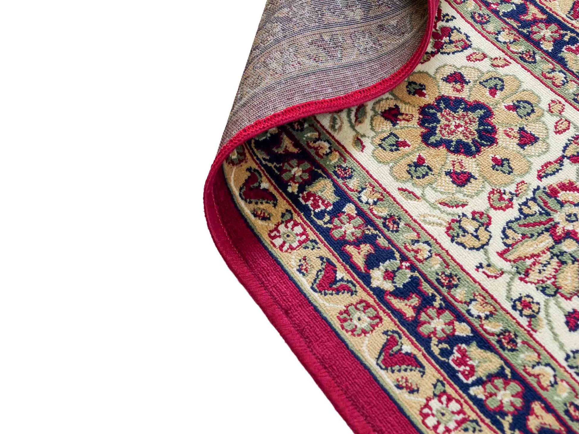 Belgischer, maschinell gefertigter Design Orientteppich aus Kunstseide, rot, creme, blau. 275x185 cm. Verkauf durch Jupiter Intl.