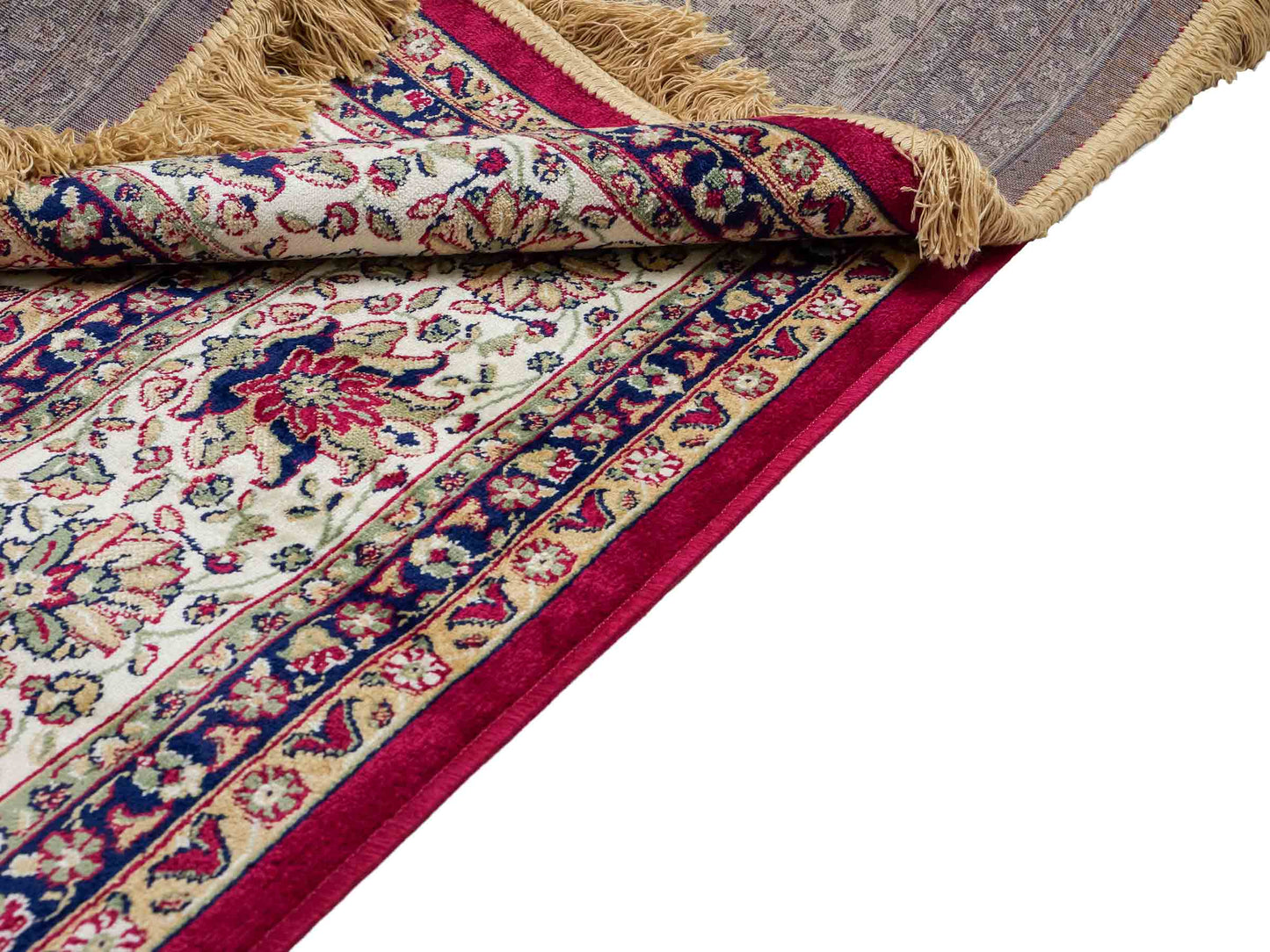 Belgischer, maschinell gefertigter Design Orientteppich aus Kunstseide, rot, creme, blau. 275x185 cm. Verkauf durch Jupiter Intl.