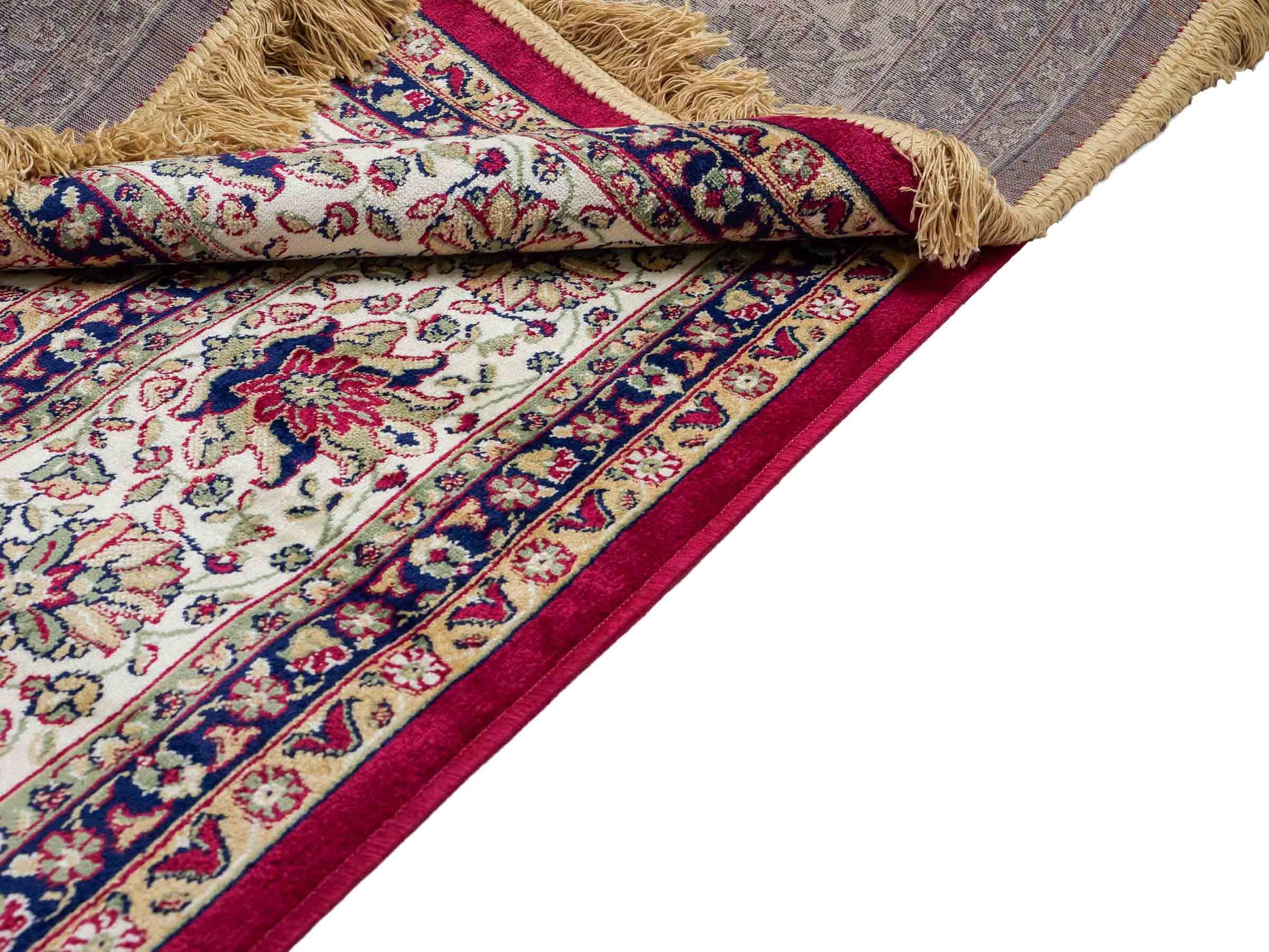 Belgischer, maschinell gefertigter Design Orientteppich aus Kunstseide, rot, creme, blau. 275x185 cm. Verkauf durch Jupiter Intl.