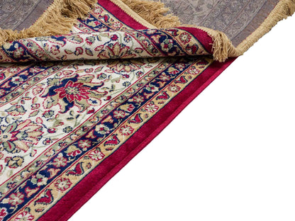 Belgischer, maschinell gefertigter Design Orientteppich aus Kunstseide, rot, creme, blau. 275x185 cm. Verkauf durch Jupiter Intl.