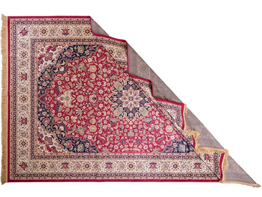 Belgischer, maschinell gefertigter Design Orientteppich aus Kunstseide, rot, creme, blau. 275x185 cm. Verkauf durch Jupiter Intl.