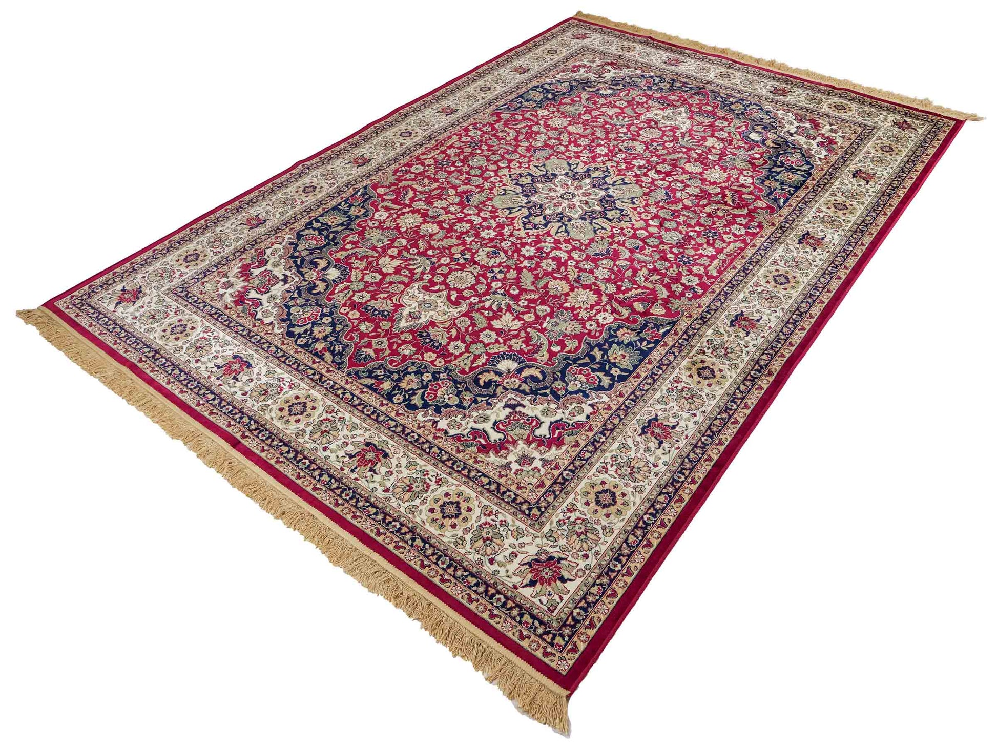 Belgischer, maschinell gefertigter Design Orientteppich aus Kunstseide, rot, creme, blau. 275x185 cm. Verkauf durch Jupiter Intl.
