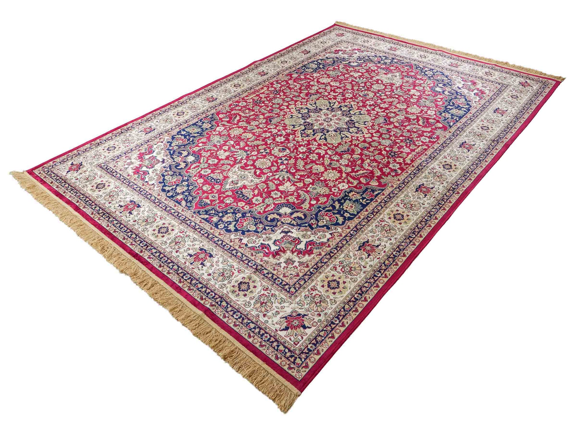 Belgischer, maschinell gefertigter Design Orientteppich aus Kunstseide, rot, creme, blau. 275x185 cm. Verkauf durch Jupiter Intl.